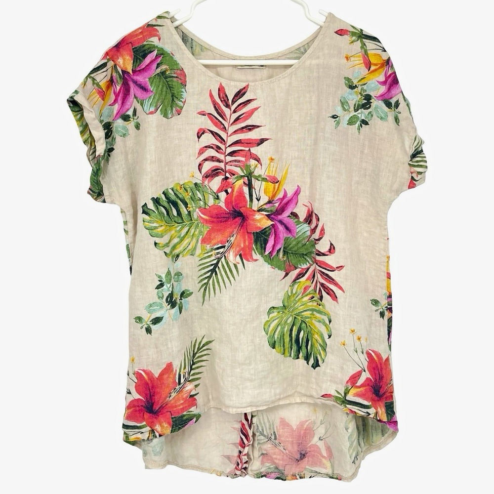 Terzo Millennio Italy Women's M 100% Linen Tropical Floral Top Button Back Boho